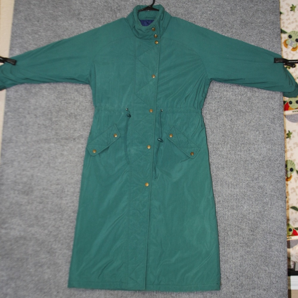 VTG LL Bean Long Trench Coat Womens L Teal‎ Quilted Lining Drawstring Thinsulate